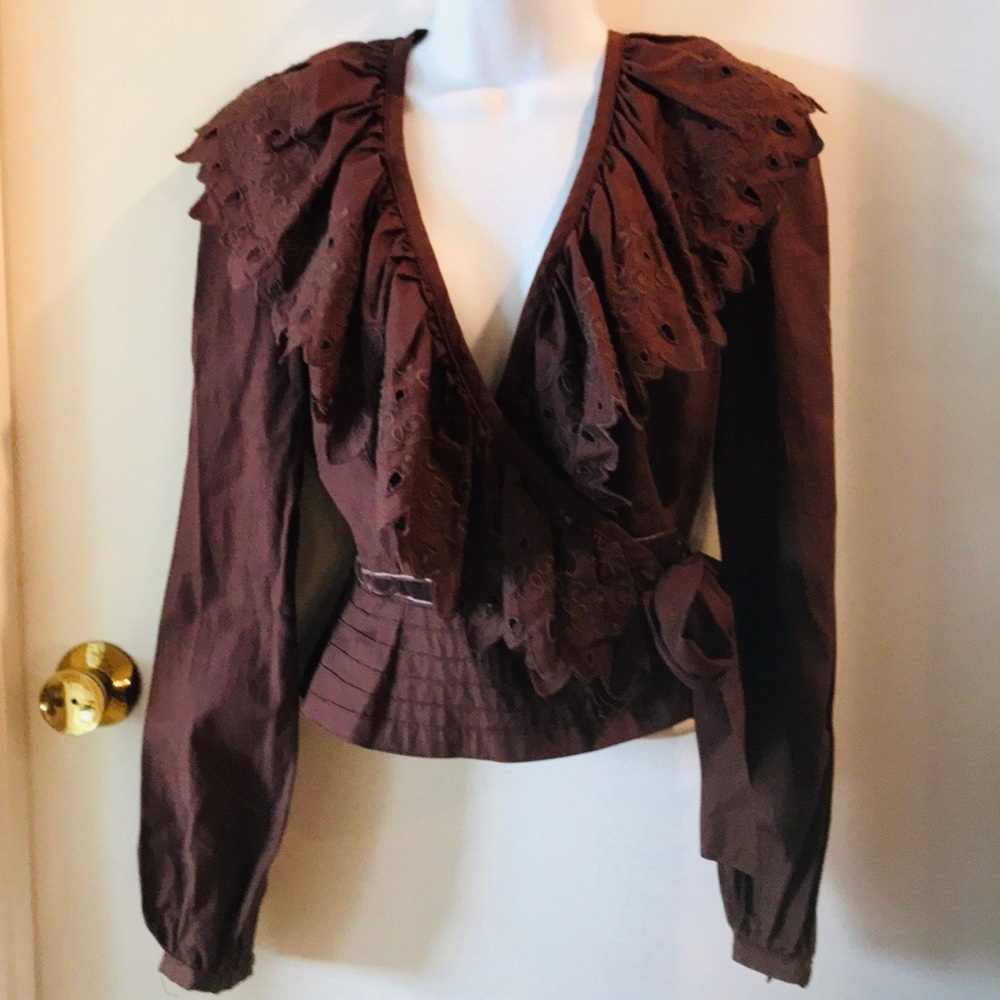 BLOUSE Made in France - brown ruffle wrap blouse Excellent condition!